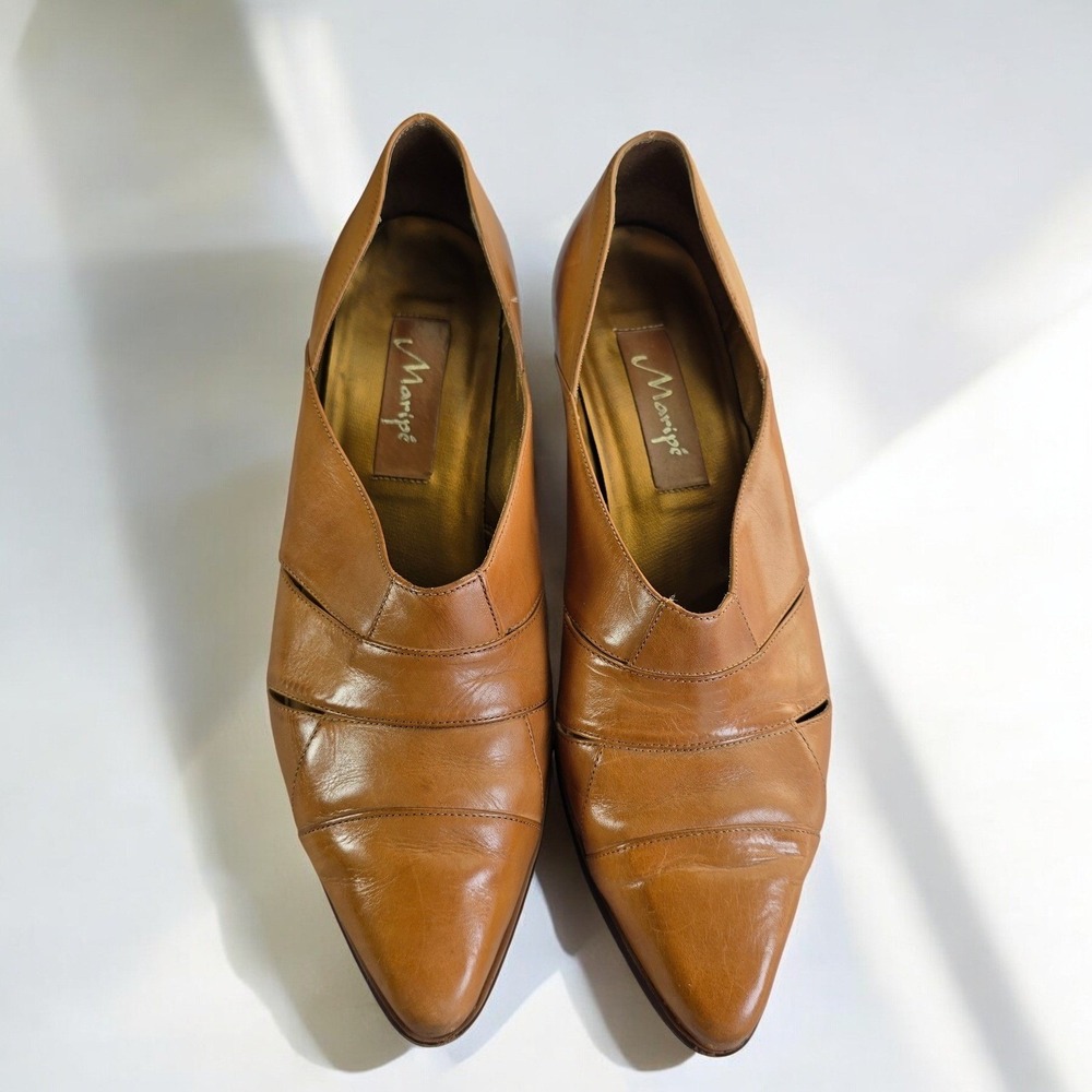 Maripé Tan Leather Pointed Toe Block Heel Pumps Shoes Woman‎ 8.5M made in Brazil